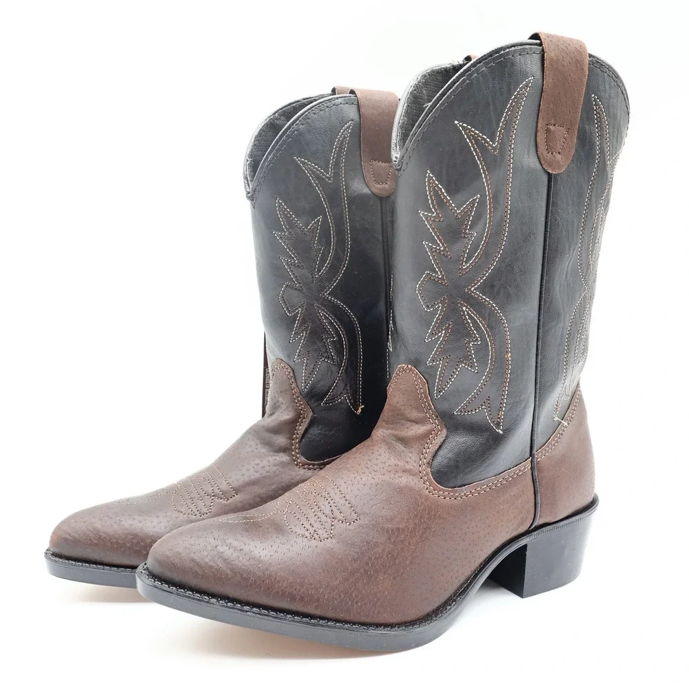 Wrangler Vintage Western Cowboy Boots Childrens 1.5 Brown Black Leather NWT